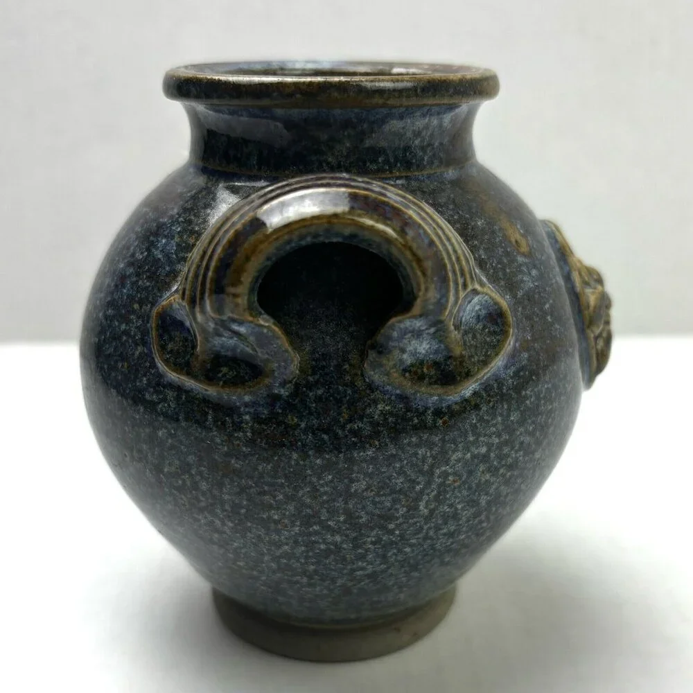 Small Vase 4” Two Handles Earth Décor Pyrite & Flame Signed Truchon Corse Bee EC